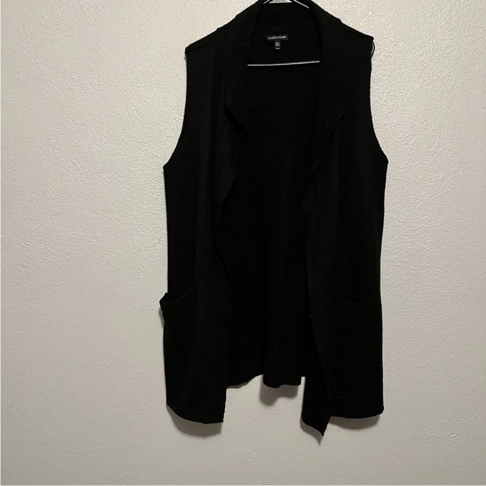 Eileen Fisher Black Windowpane Long Open Vest Wool Blend Flannel Size M